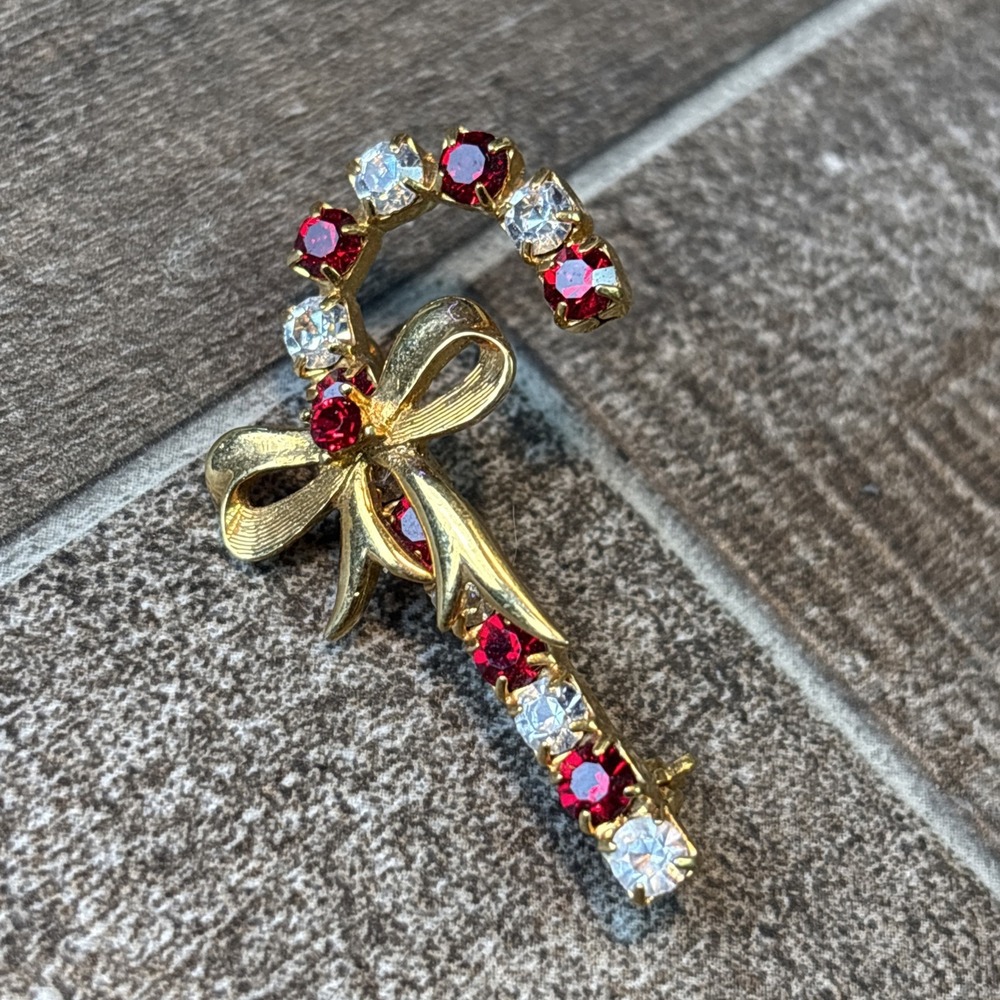 Vintage Eisenberg Candy Cane Bow Brooch Red Clear‎ Rhinestones